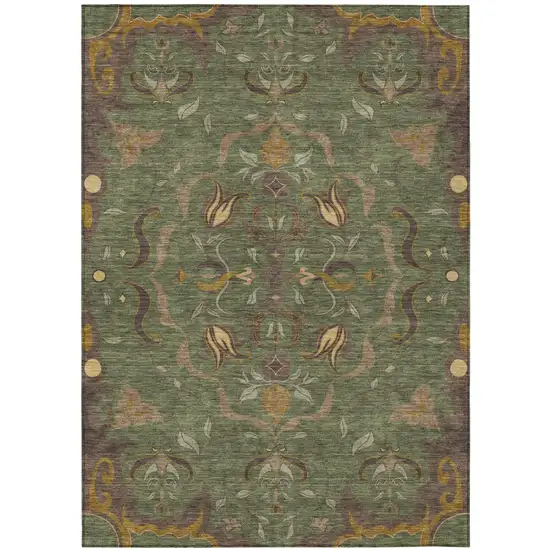 Olive Green And Green Damask Washable Indoor Outdoor Area Rug Photo 2