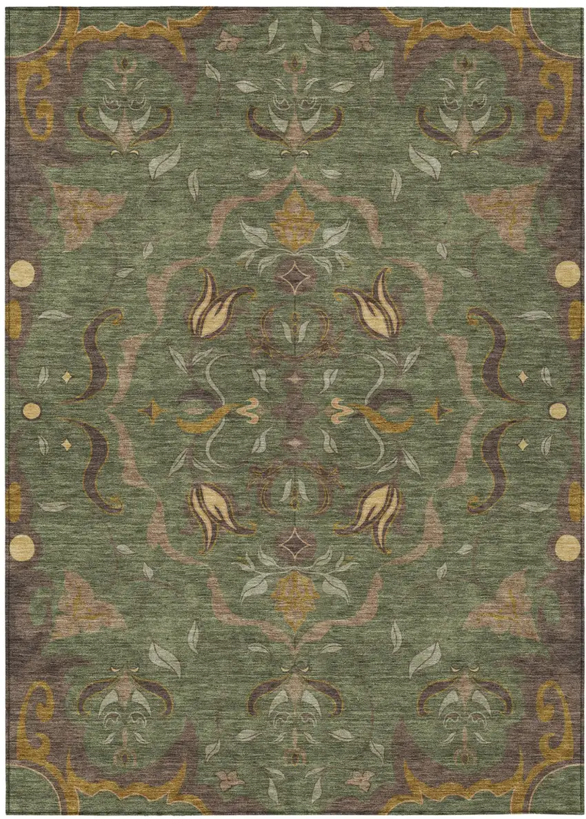 Olive Green And Green Damask Washable Indoor Outdoor Area Rug Photo 2