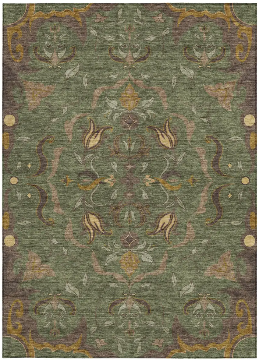 Olive Green And Green Damask Washable Indoor Outdoor Area Rug Photo 3