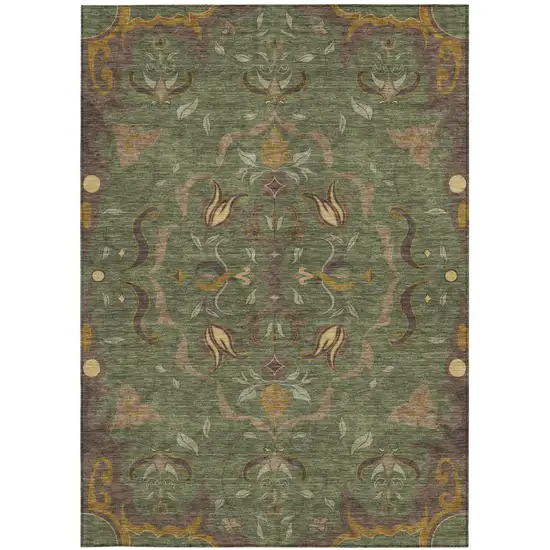 Olive Green And Green Damask Washable Indoor Outdoor Area Rug Photo 3