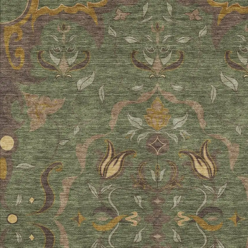 Olive Green And Green Damask Washable Indoor Outdoor Area Rug Photo 2