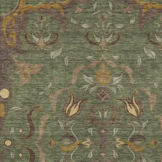 Olive Green And Green Damask Washable Indoor Outdoor Area Rug Photo 2