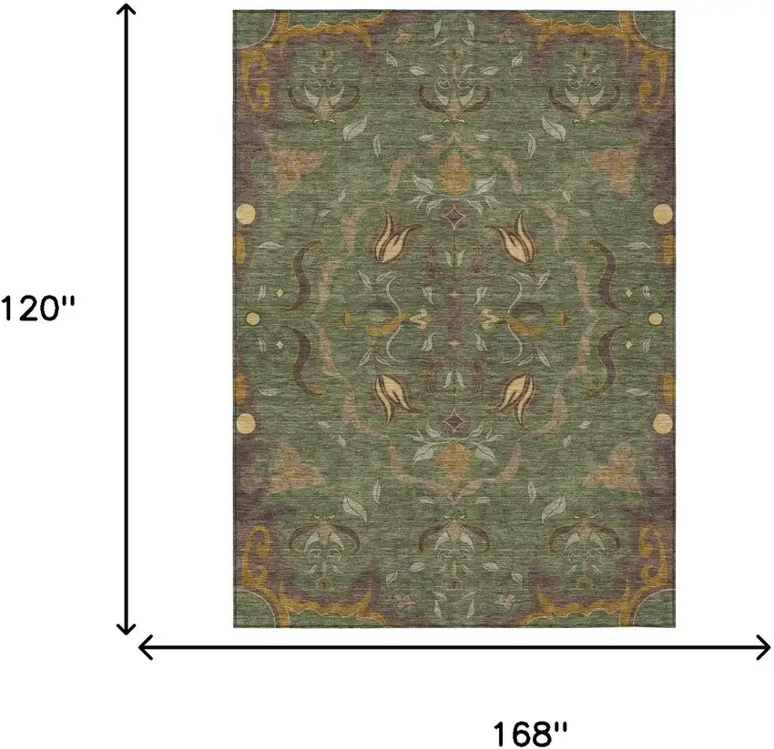 Olive Green And Green Damask Washable Indoor Outdoor Area Rug Photo 6