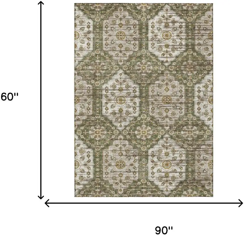 Olive Green And Green Damask Washable Indoor Outdoor Area Rug Photo 6