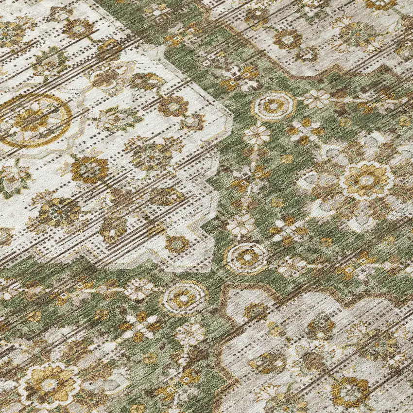 Olive Green And Green Damask Washable Indoor Outdoor Area Rug Photo 5