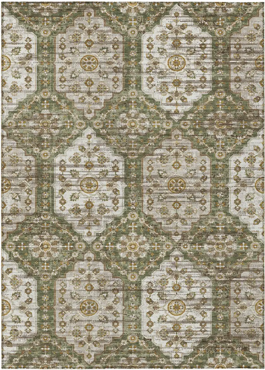 Olive Green And Green Damask Washable Indoor Outdoor Area Rug Photo 1