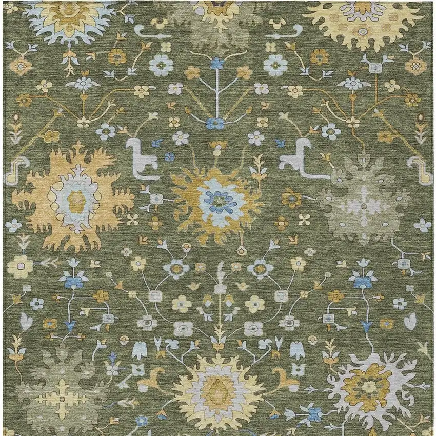 Olive Green And Green Faux Bois Washable Indoor Outdoor Area Rug Photo 3