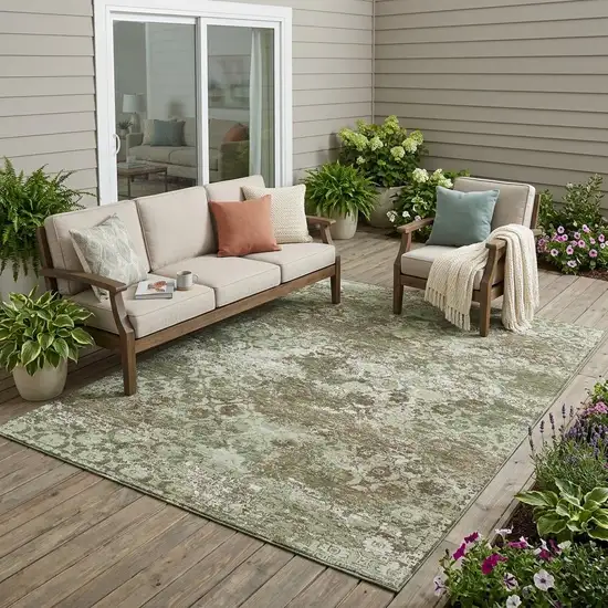 Olive Green And Green Floral Medallion Washable Indoor Outdoor Area Rug Photo 1