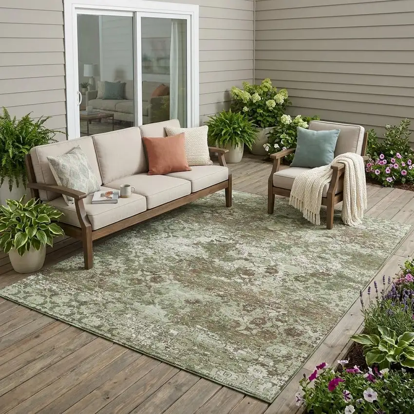 Olive Green And Green Floral Medallion Washable Indoor Outdoor Area Rug Photo 1