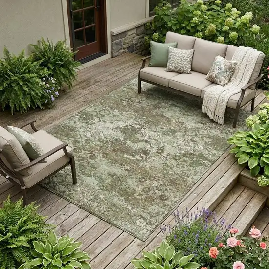 Olive Green And Green Floral Medallion Washable Indoor Outdoor Area Rug Photo 1