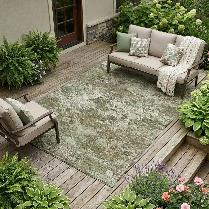 Olive Green And Green Floral Medallion Washable Indoor Outdoor Area Rug Photo 1