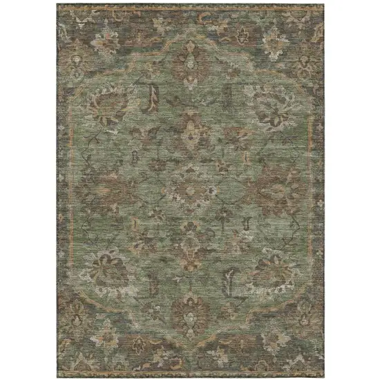 Olive Green And Green Floral Medallion Washable Indoor Outdoor Area Rug Photo 2