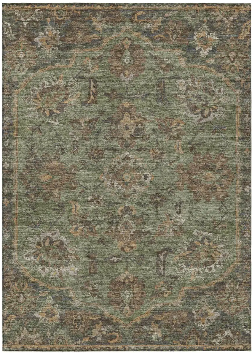 Olive Green And Green Floral Medallion Washable Indoor Outdoor Area Rug Photo 2
