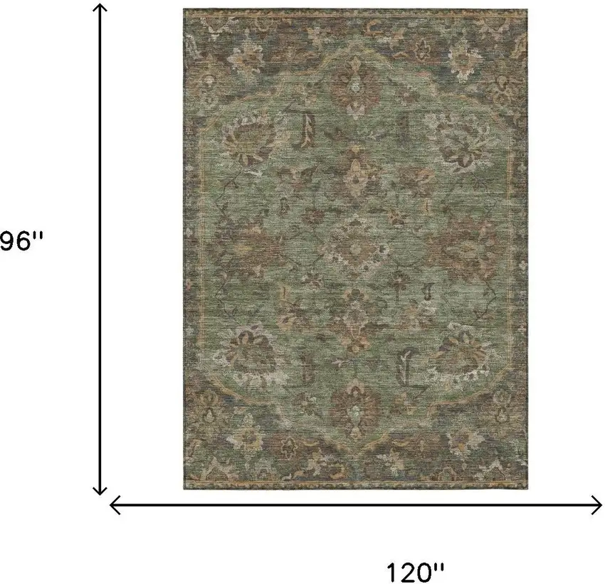 Olive Green And Green Floral Medallion Washable Indoor Outdoor Area Rug Photo 5