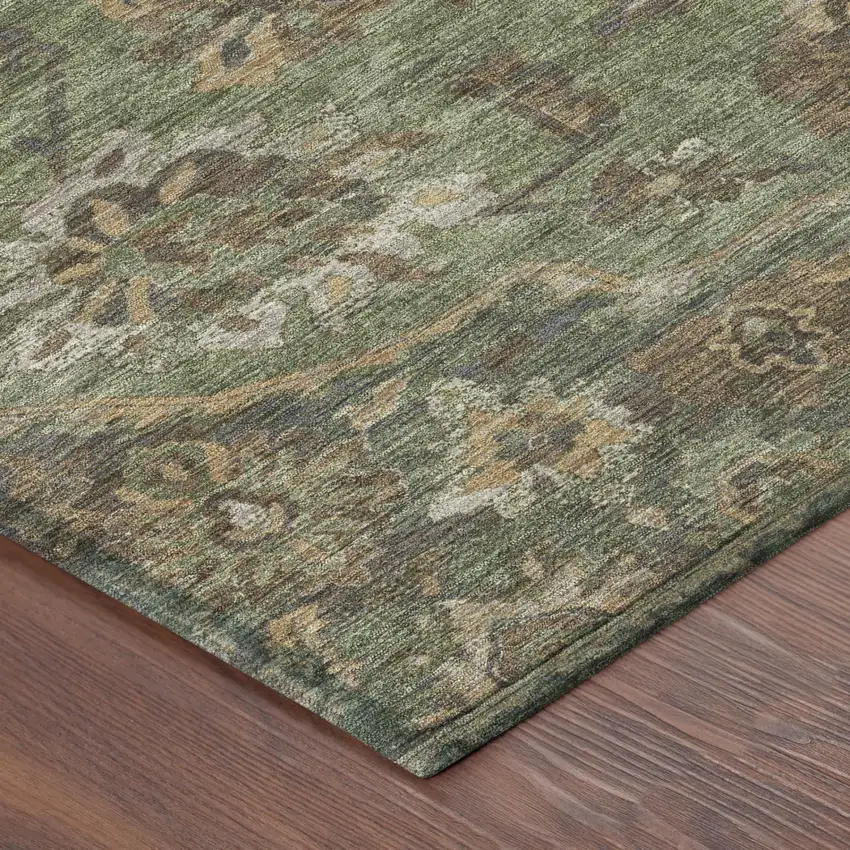 Olive Green And Green Floral Medallion Washable Indoor Outdoor Area Rug Photo 3