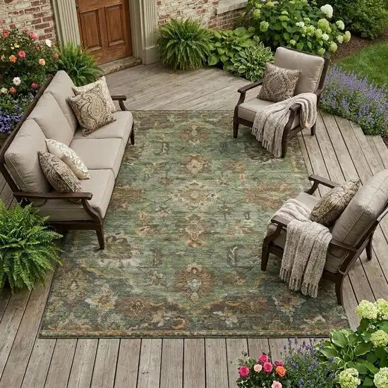 Olive Green And Green Floral Medallion Washable Indoor Outdoor Area Rug Photo 1