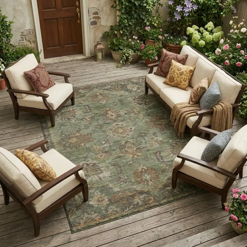 Olive Green And Green Floral Medallion Washable Indoor Outdoor Area Rug Photo 1
