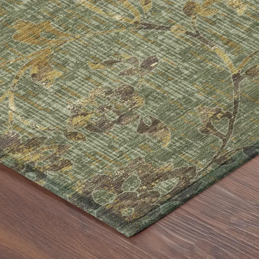 Olive Green And Green Floral Washable Indoor Outdoor Area Rug Photo 4