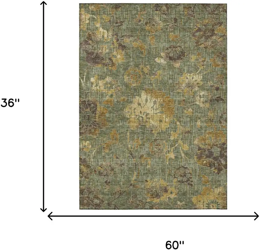 Olive Green And Green Floral Washable Indoor Outdoor Area Rug Photo 6