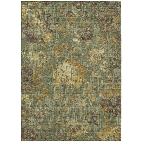 Olive Green And Green Floral Washable Indoor Outdoor Area Rug Photo 1