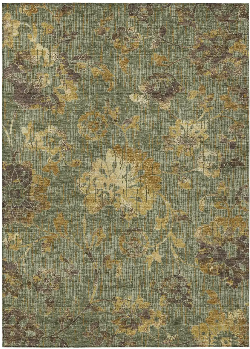 Olive Green And Green Floral Washable Indoor Outdoor Area Rug Photo 1