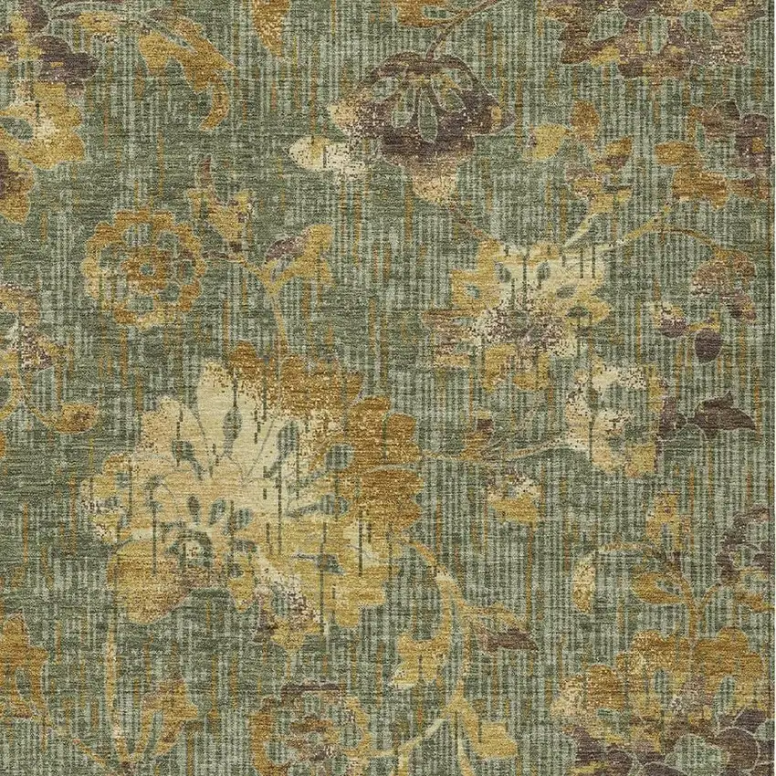 Olive Green And Green Floral Washable Indoor Outdoor Area Rug Photo 2