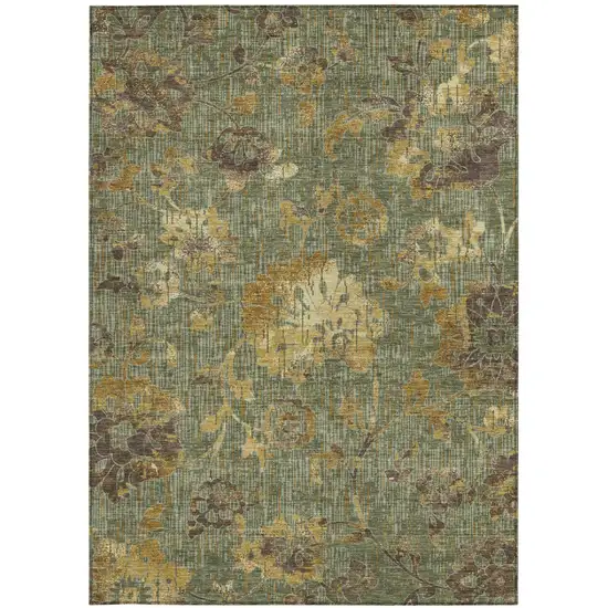 Olive Green And Green Floral Washable Indoor Outdoor Area Rug Photo 3