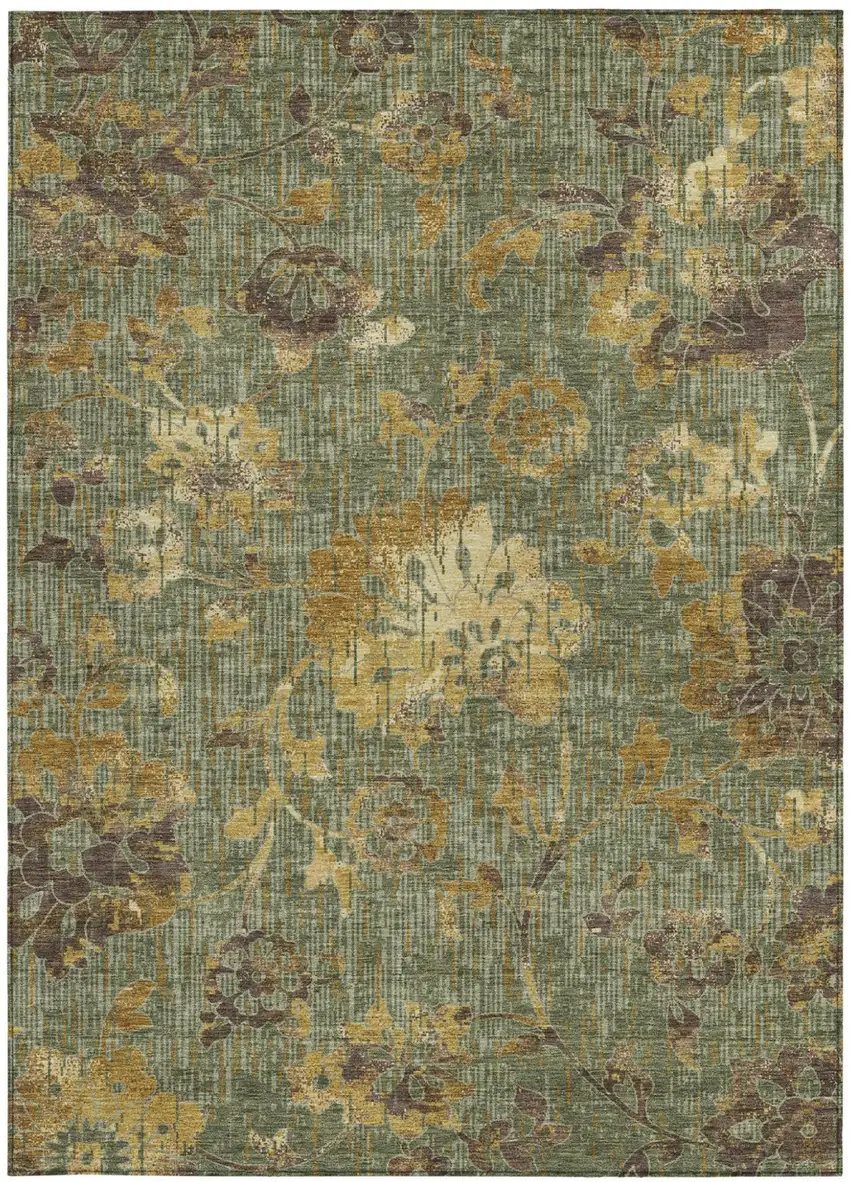 Olive Green And Green Floral Washable Indoor Outdoor Area Rug Photo 3