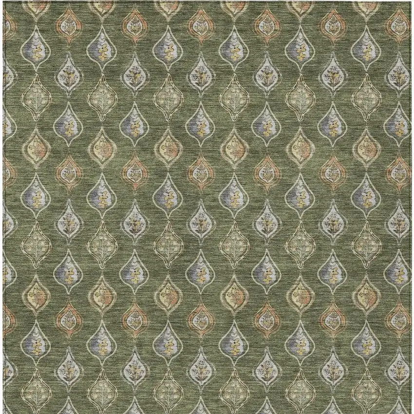 Olive Green And Green Floral Washable Indoor Outdoor Area Rug Photo 3