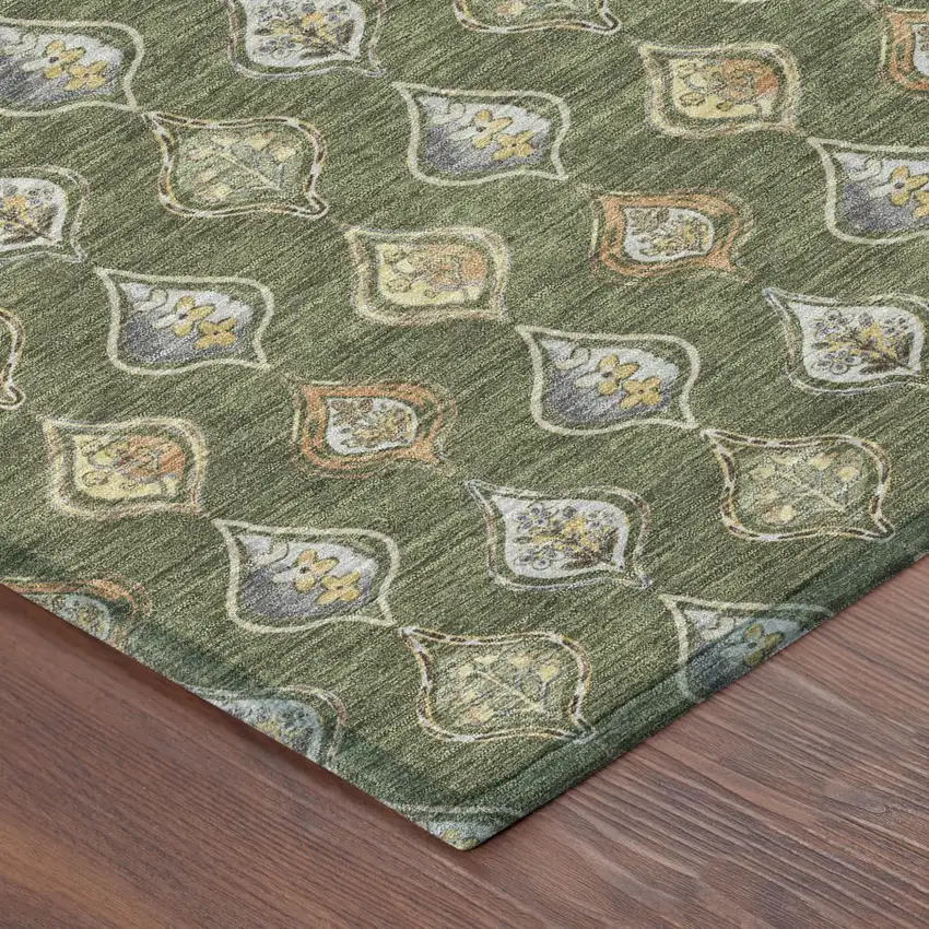Olive Green And Green Floral Washable Indoor Outdoor Area Rug Photo 4