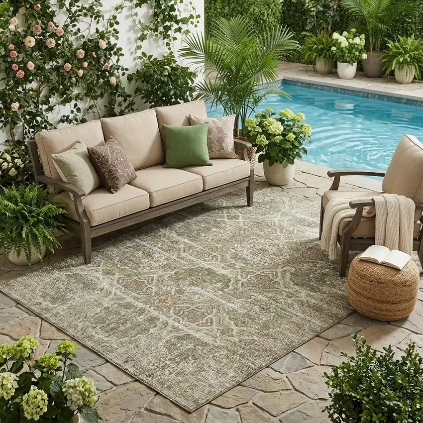 Olive Green And Green Floral Washable Indoor Outdoor Area Rug Photo 1