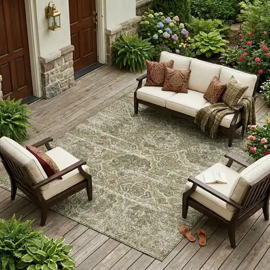 Olive Green And Green Floral Washable Indoor Outdoor Area Rug Photo 1