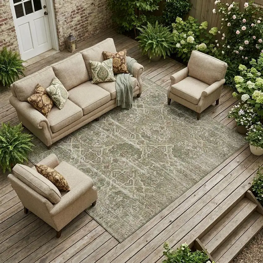 Olive Green And Green Floral Washable Indoor Outdoor Area Rug Photo 1