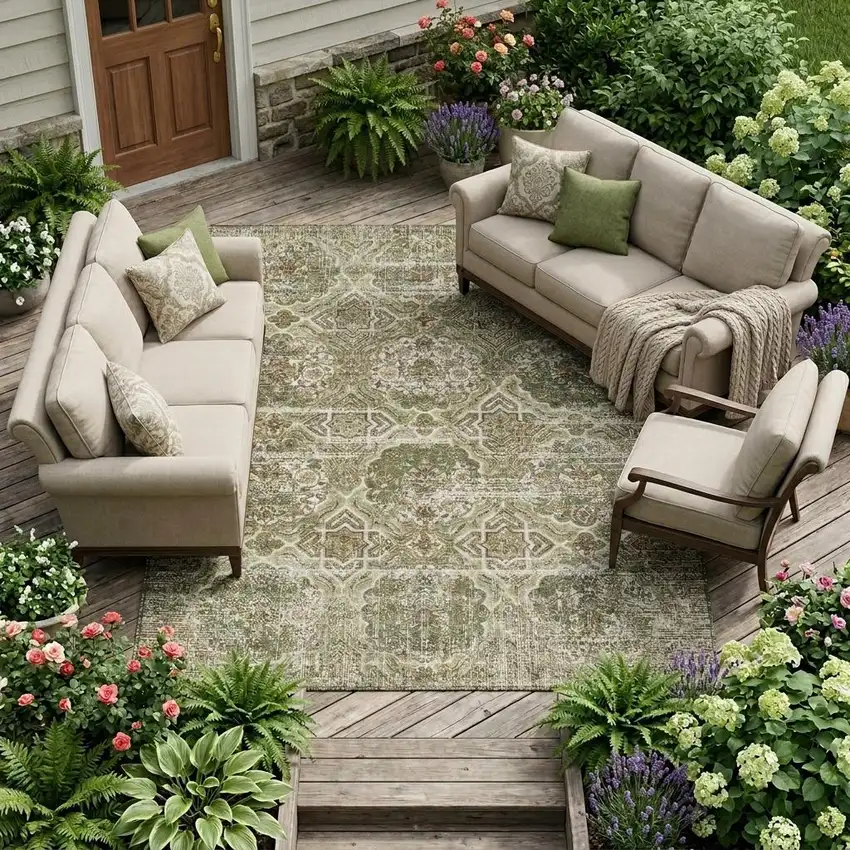 Olive Green And Green Floral Washable Indoor Outdoor Area Rug Photo 1