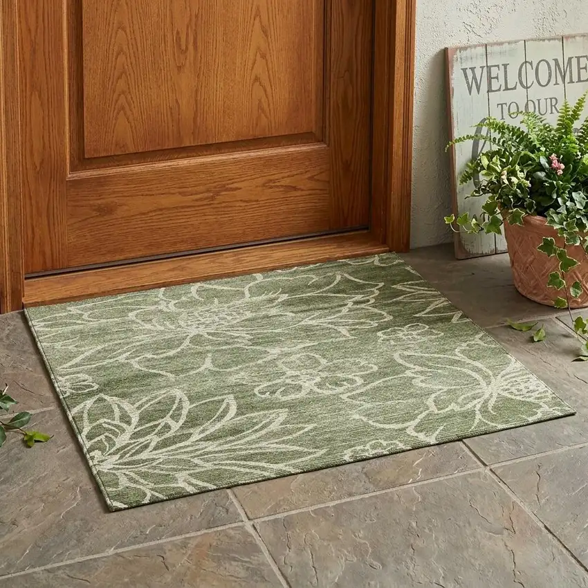 Olive Green And Green Floral Washable Indoor Outdoor Area Rug Photo 1