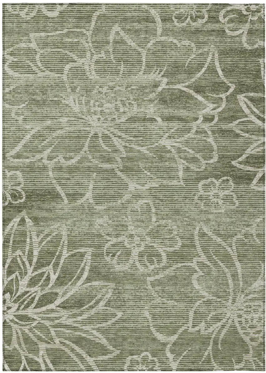 Olive Green And Green Floral Washable Indoor Outdoor Area Rug Photo 2