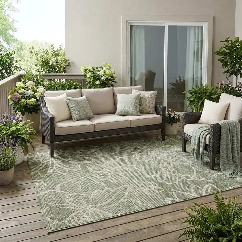 Olive Green And Green Floral Washable Indoor Outdoor Area Rug Photo 1
