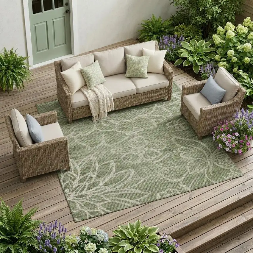 Olive Green And Green Floral Washable Indoor Outdoor Area Rug Photo 1