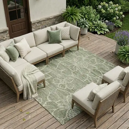 Olive Green And Green Floral Washable Indoor Outdoor Area Rug Photo 1