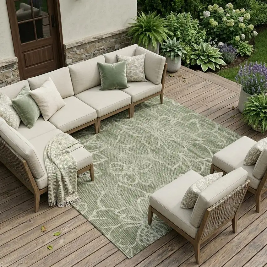 Olive Green And Green Floral Washable Indoor Outdoor Area Rug Photo 1