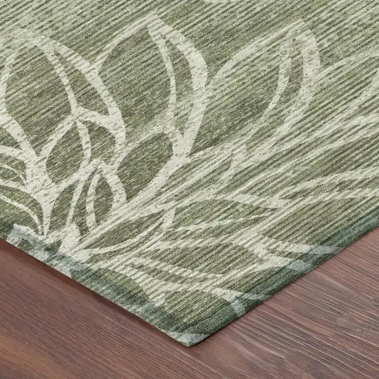 Olive Green And Green Floral Washable Indoor Outdoor Area Rug Photo 3