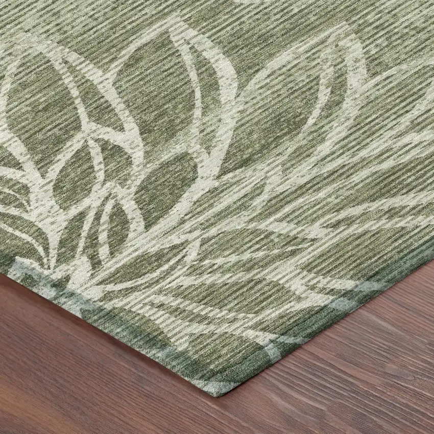 Olive Green And Green Floral Washable Indoor Outdoor Area Rug Photo 3