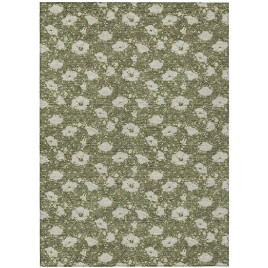 Olive Green And Green Floral Washable Indoor Outdoor Area Rug Photo 2