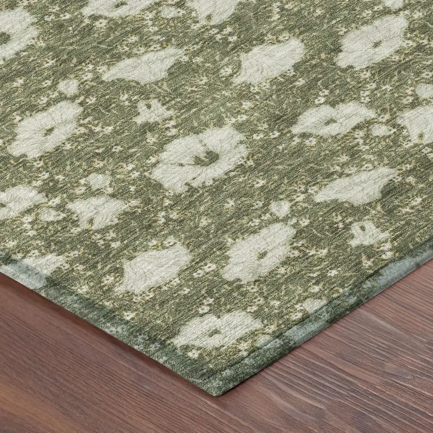 Olive Green And Green Floral Washable Indoor Outdoor Area Rug Photo 3