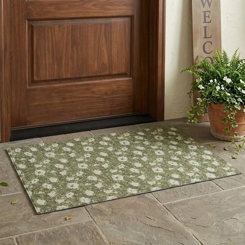 Olive Green And Green Floral Washable Indoor Outdoor Area Rug Photo 1