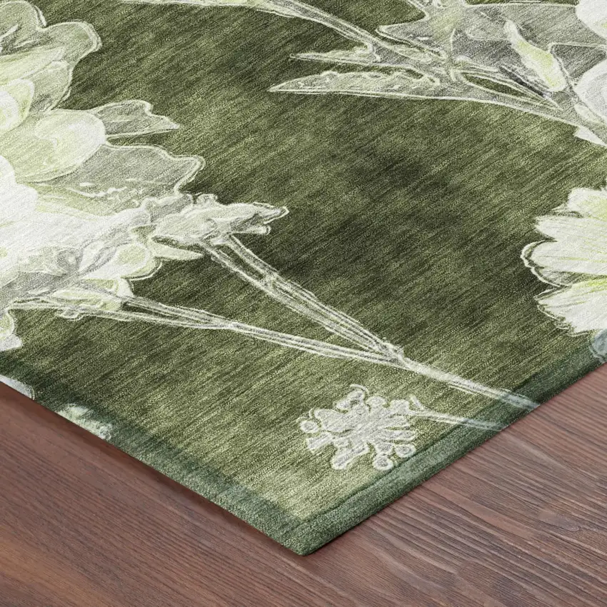 Olive Green And Green Floral Washable Indoor Outdoor Area Rug Photo 4