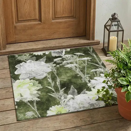 Olive Green And Green Floral Washable Indoor Outdoor Area Rug Photo 1