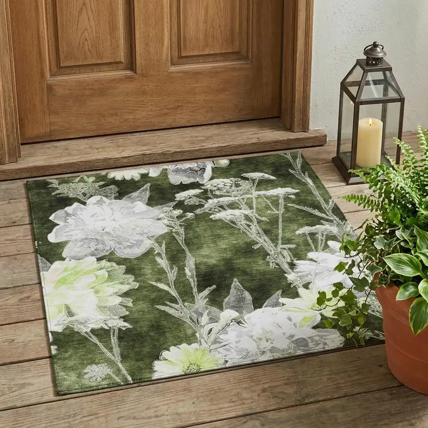 Olive Green And Green Floral Washable Indoor Outdoor Area Rug Photo 1