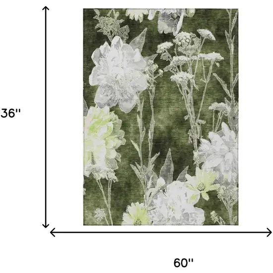 Olive Green And Green Floral Washable Indoor Outdoor Area Rug Photo 5