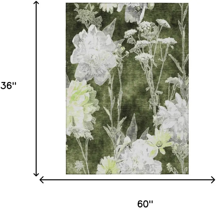 Olive Green And Green Floral Washable Indoor Outdoor Area Rug Photo 5